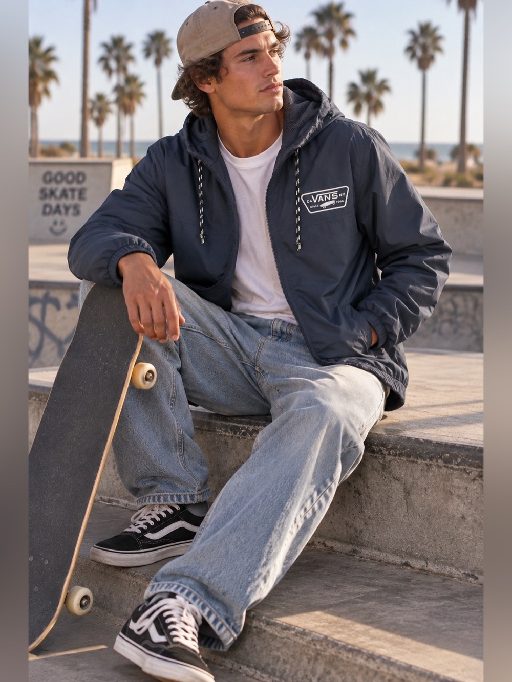 Vans CA Since 1966 Navy Hooded Windbreaker Jacket Size S Full Zip